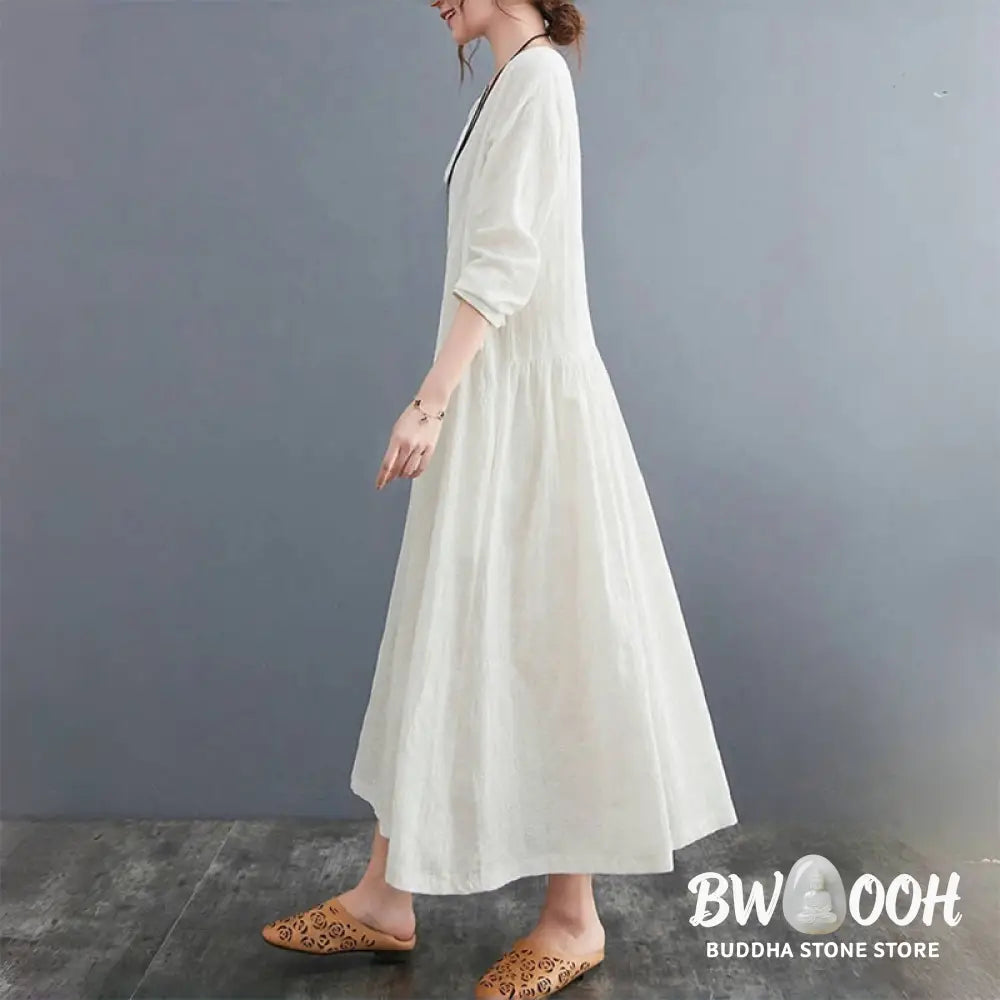 Buddha Stones Smiple Jacquard Pattern Long Sleeve Cotton Linen Women’s Midi Dress With Pockets - Midi Dress