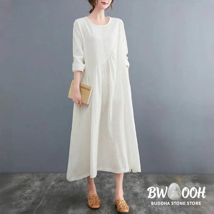 Buddha Stones Smiple Jacquard Pattern Long Sleeve Cotton Linen Women’s Midi Dress With Pockets - Midi Dress