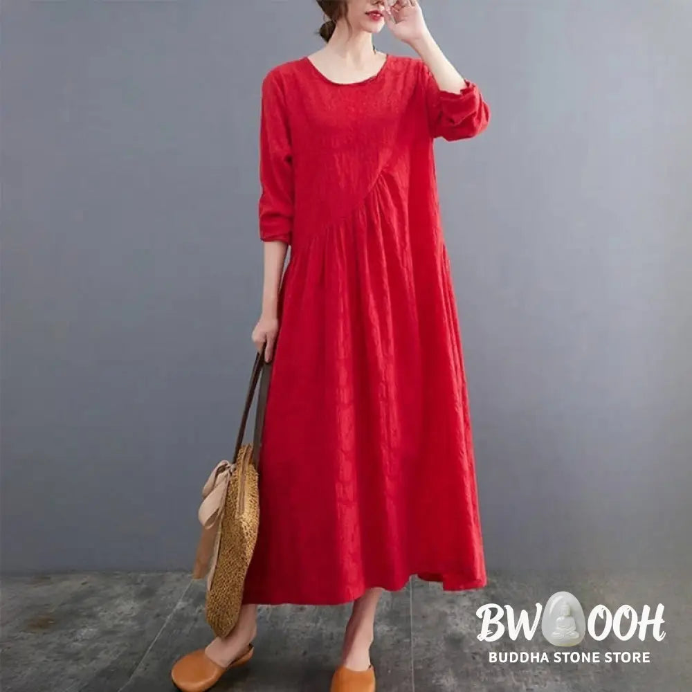 Buddha Stones Smiple Jacquard Pattern Long Sleeve Cotton Linen Women’s Midi Dress With Pockets - Midi Dress