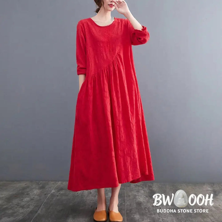 Buddha Stones Smiple Jacquard Pattern Long Sleeve Cotton Linen Women’s Midi Dress With Pockets - Midi Dress