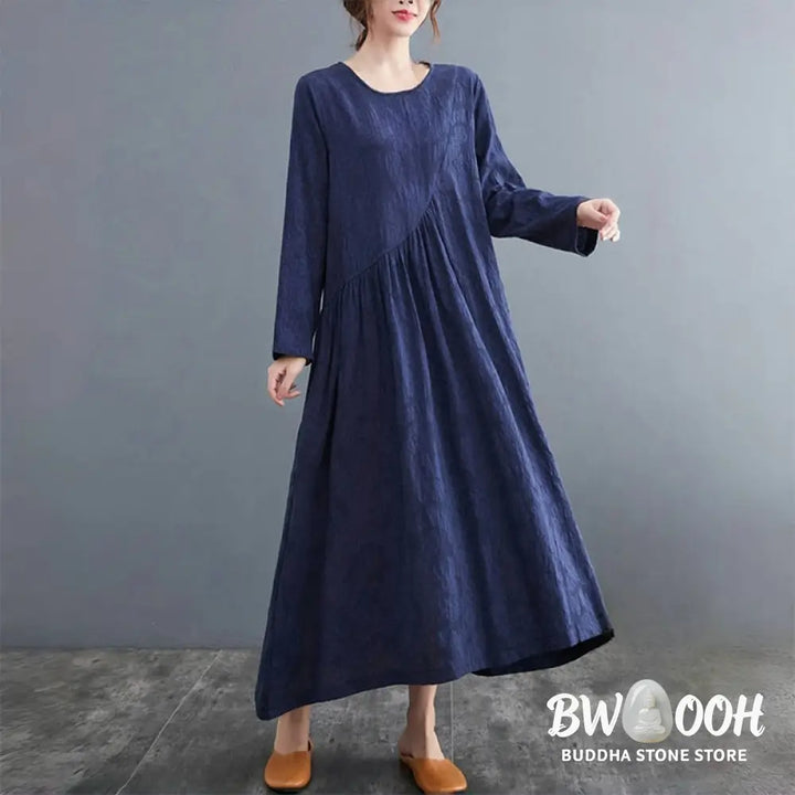 Buddha Stones Smiple Jacquard Pattern Long Sleeve Cotton Linen Women’s Midi Dress With Pockets - Midi Dress