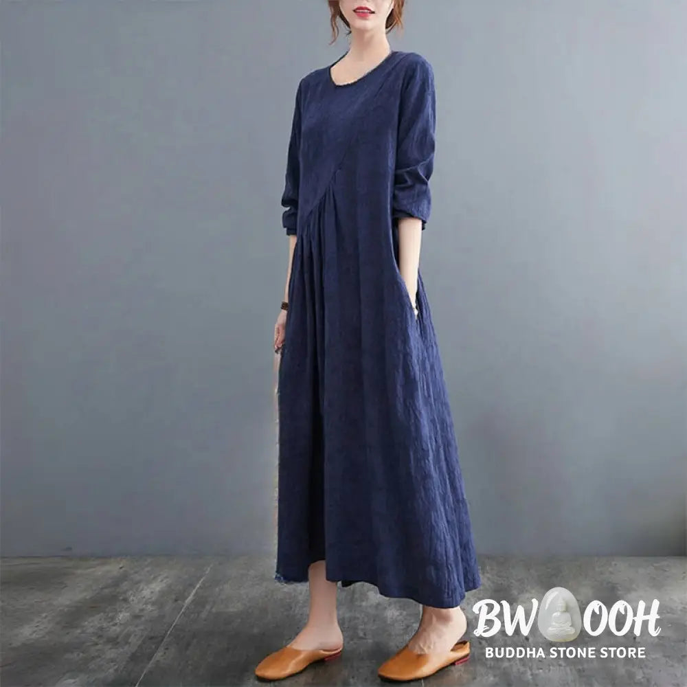 Buddha Stones Smiple Jacquard Pattern Long Sleeve Cotton Linen Women’s Midi Dress With Pockets - Midi Dress
