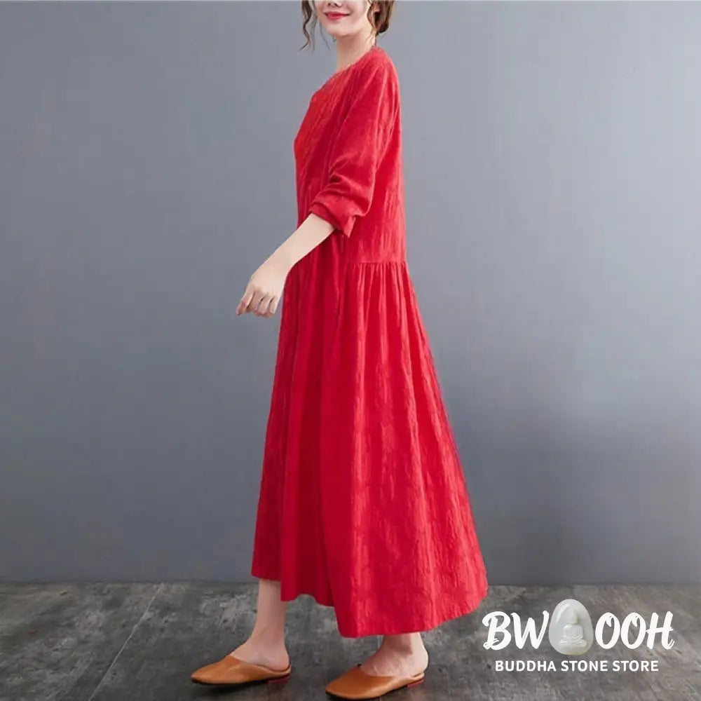 Buddha Stones Smiple Jacquard Pattern Long Sleeve Cotton Linen Women’s Midi Dress With Pockets - Midi Dress