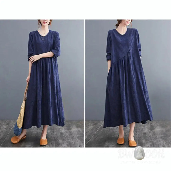 Buddha Stones Smiple Jacquard Pattern Long Sleeve Cotton Linen Women’s Midi Dress With Pockets - Midi Dress