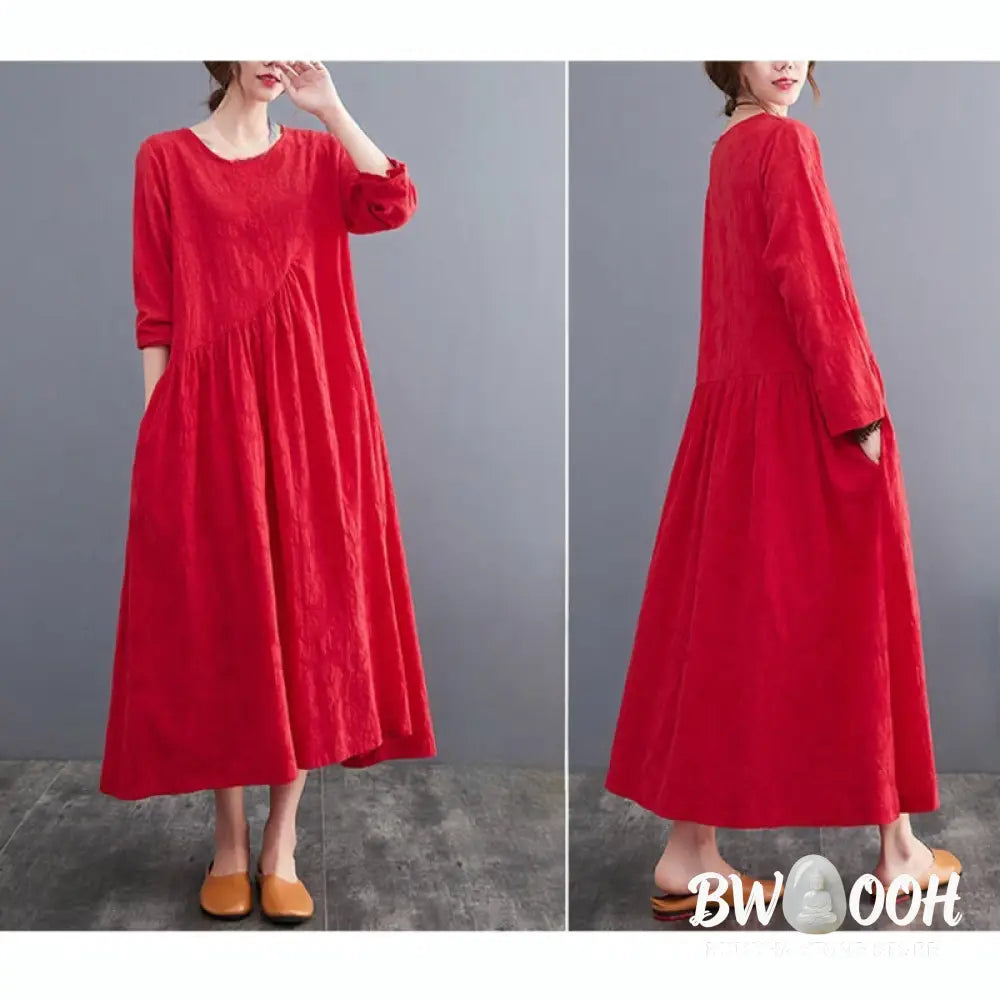 Buddha Stones Smiple Jacquard Pattern Long Sleeve Cotton Linen Women’s Midi Dress With Pockets - Midi Dress