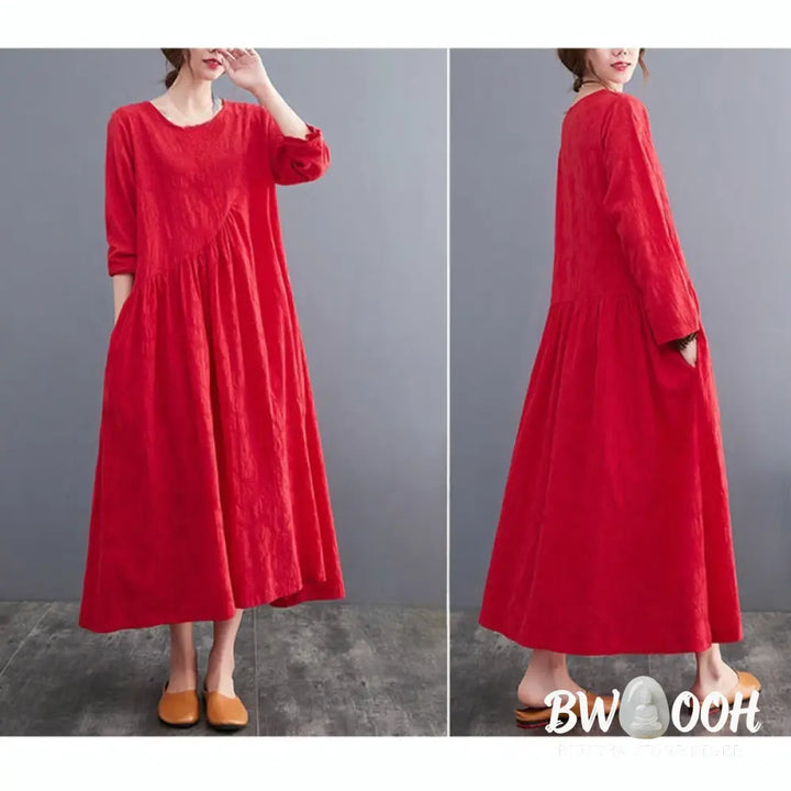 Buddha Stones Smiple Jacquard Pattern Long Sleeve Cotton Linen Women’s Midi Dress With Pockets - Midi Dress