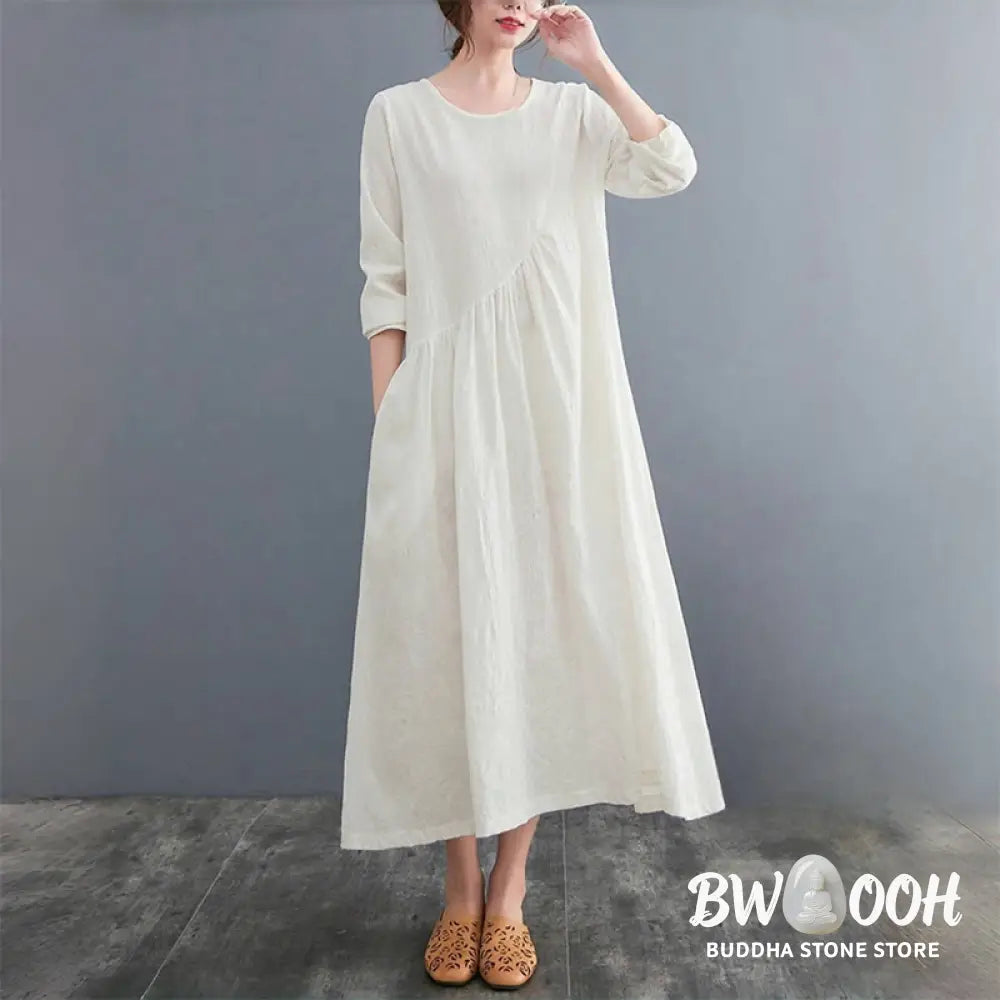 Buddha Stones Smiple Jacquard Pattern Long Sleeve Cotton Linen Women’s Midi Dress With Pockets - Midi Dress