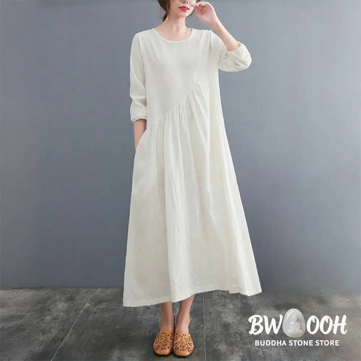Buddha Stones Smiple Jacquard Pattern Long Sleeve Cotton Linen Women’s Midi Dress With Pockets - Midi Dress