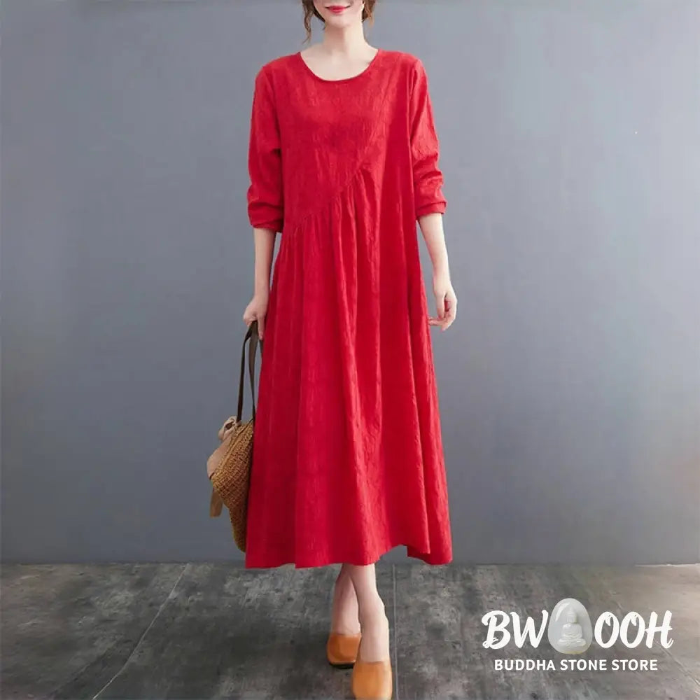 Buddha Stones Smiple Jacquard Pattern Long Sleeve Cotton Linen Women’s Midi Dress With Pockets - Midi Dress
