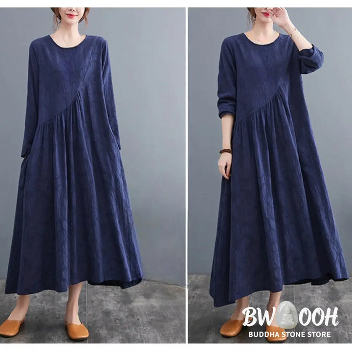 Buddha Stones Smiple Jacquard Pattern Long Sleeve Cotton Linen Women’s Midi Dress With Pockets - Midi Dress