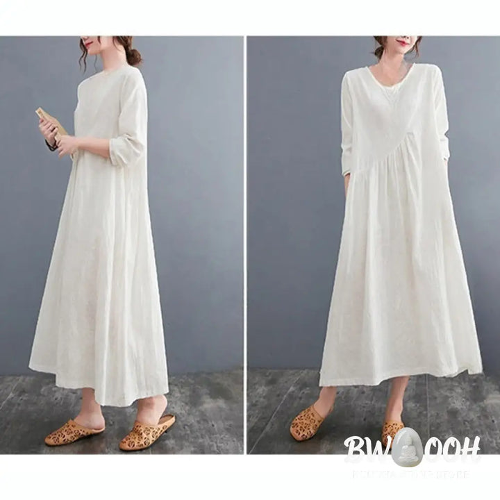 Buddha Stones Smiple Jacquard Pattern Long Sleeve Cotton Linen Women’s Midi Dress With Pockets - Midi Dress