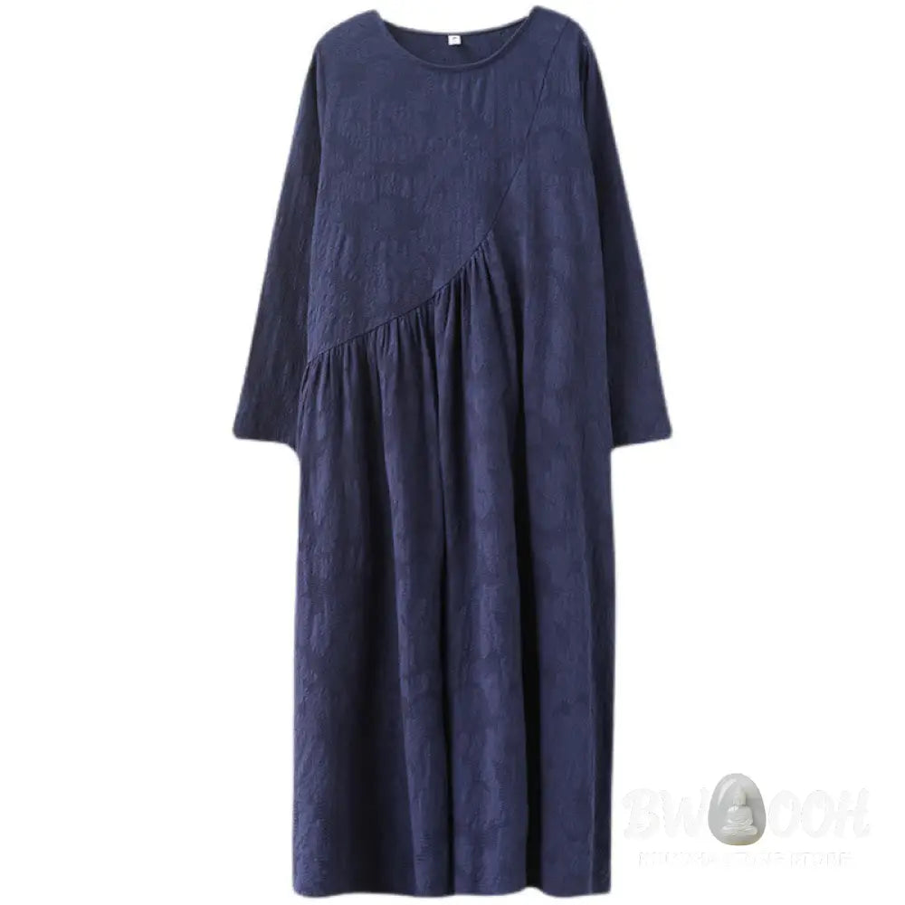 Buddha Stones Smiple Jacquard Pattern Long Sleeve Cotton Linen Women’s Midi Dress With Pockets - Midi Dress