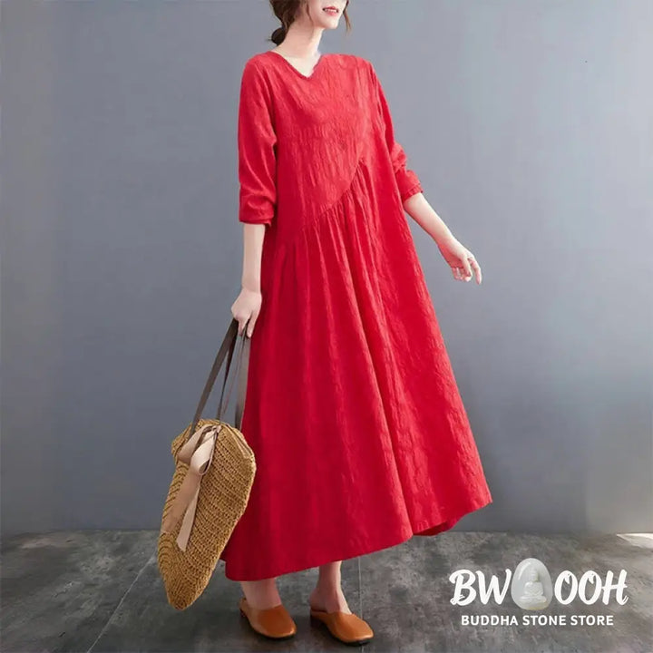 Buddha Stones Smiple Jacquard Pattern Long Sleeve Cotton Linen Women’s Midi Dress With Pockets - Midi Dress