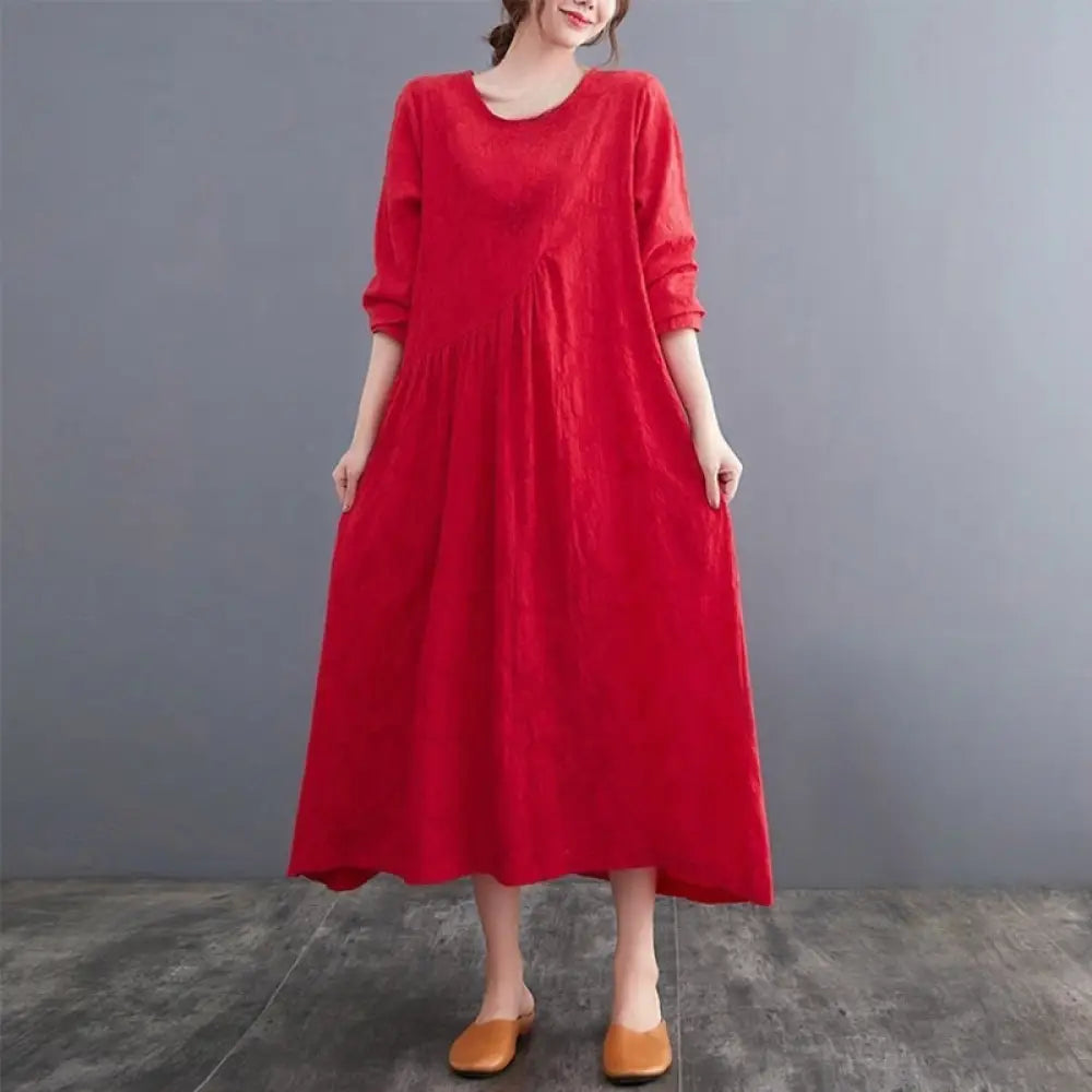 Buddha Stones Smiple Jacquard Pattern Long Sleeve Cotton Linen Women’s Midi Dress With Pockets - Red / US4，UK/AU8，EU36