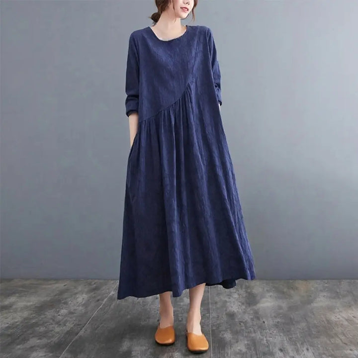 Buddha Stones Smiple Jacquard Pattern Long Sleeve Cotton Linen Women’s Midi Dress With Pockets - SteelBlue