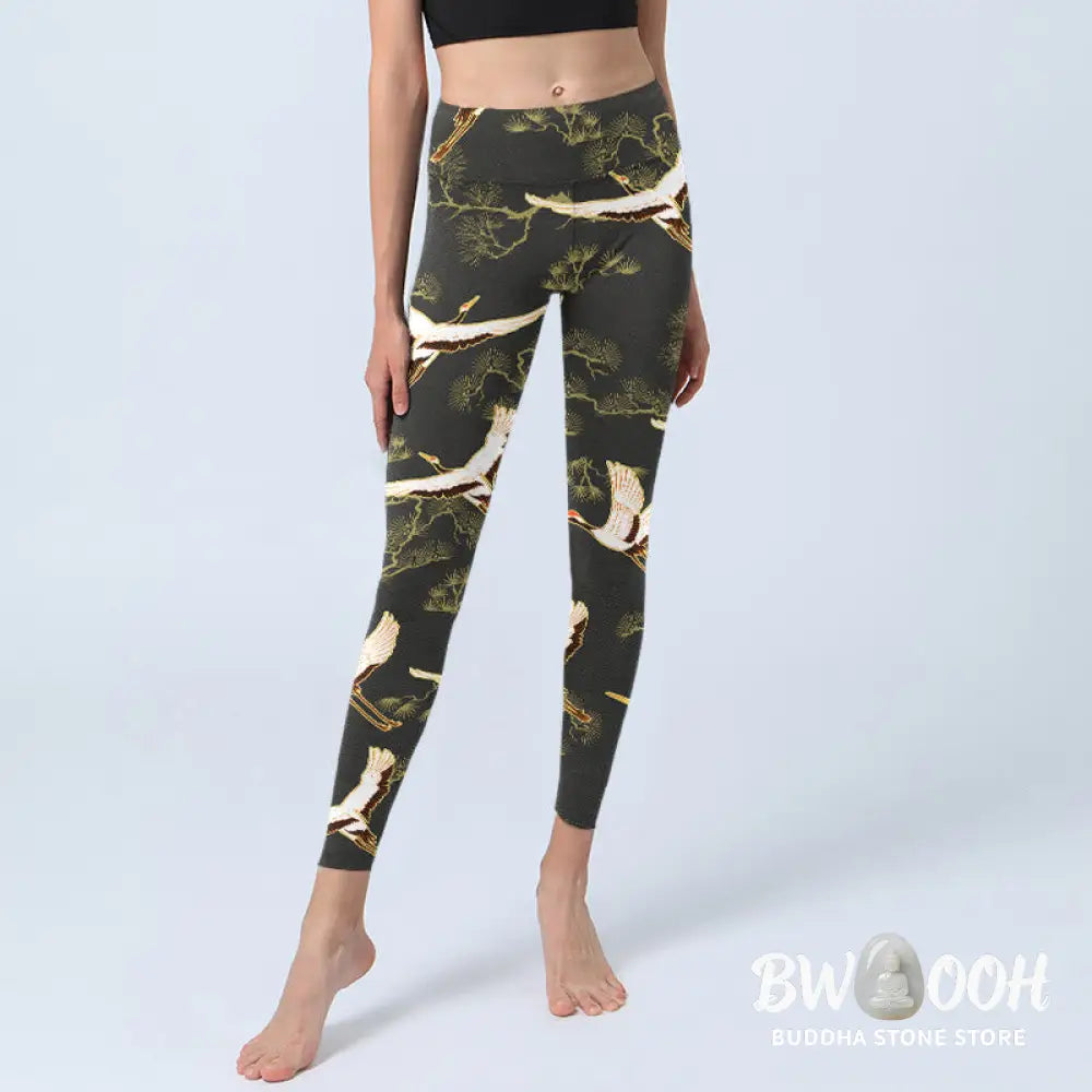 BWOOOH printed yoga leggings - Soaring Crane Pine Tree Pattern Print Gy