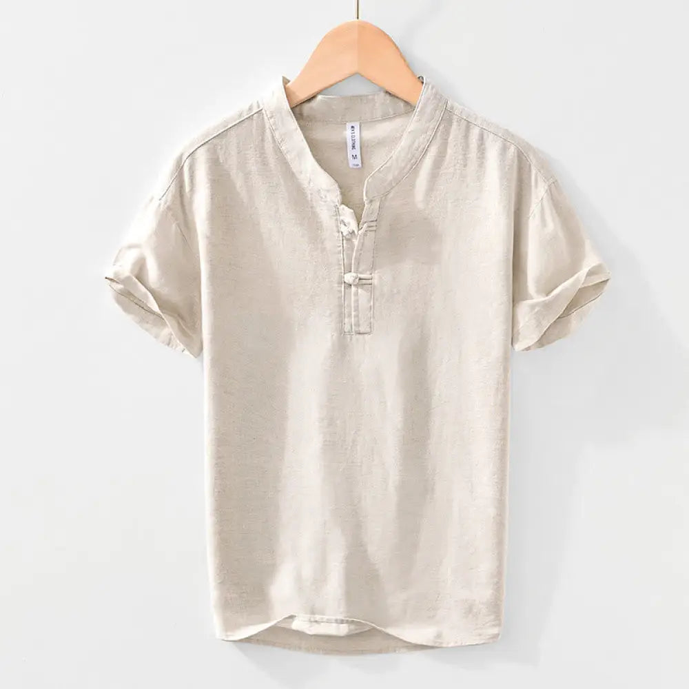 BWOOOH Soft Plain Frog-button Crew Neck Cotton Linen Half
