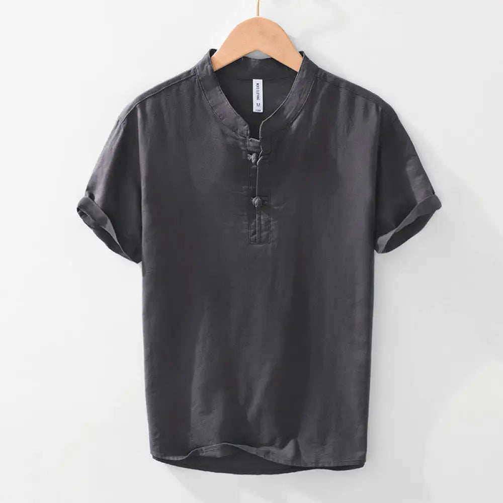 Buddha Stones Soft Plain Frog-button Crew Neck Cotton Linen Half Button Men’s Shirt - DimGray / US/UK/AU36，EU46 (L)