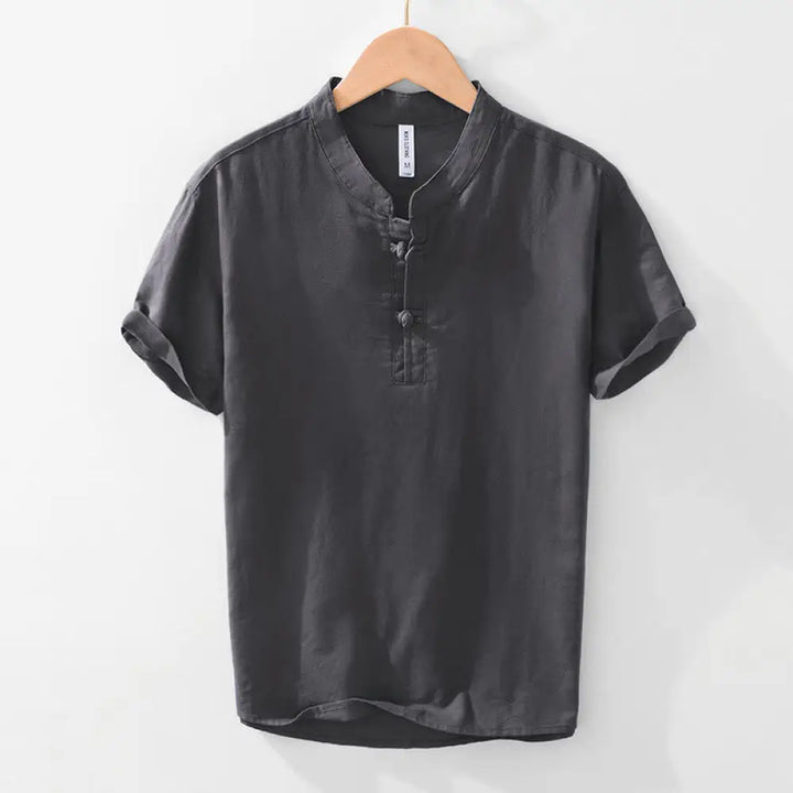 Buddha Stones Soft Plain Frog-button Crew Neck Cotton Linen Half Button Men’s Shirt - DimGray / US/UK/AU36，EU46 (L)