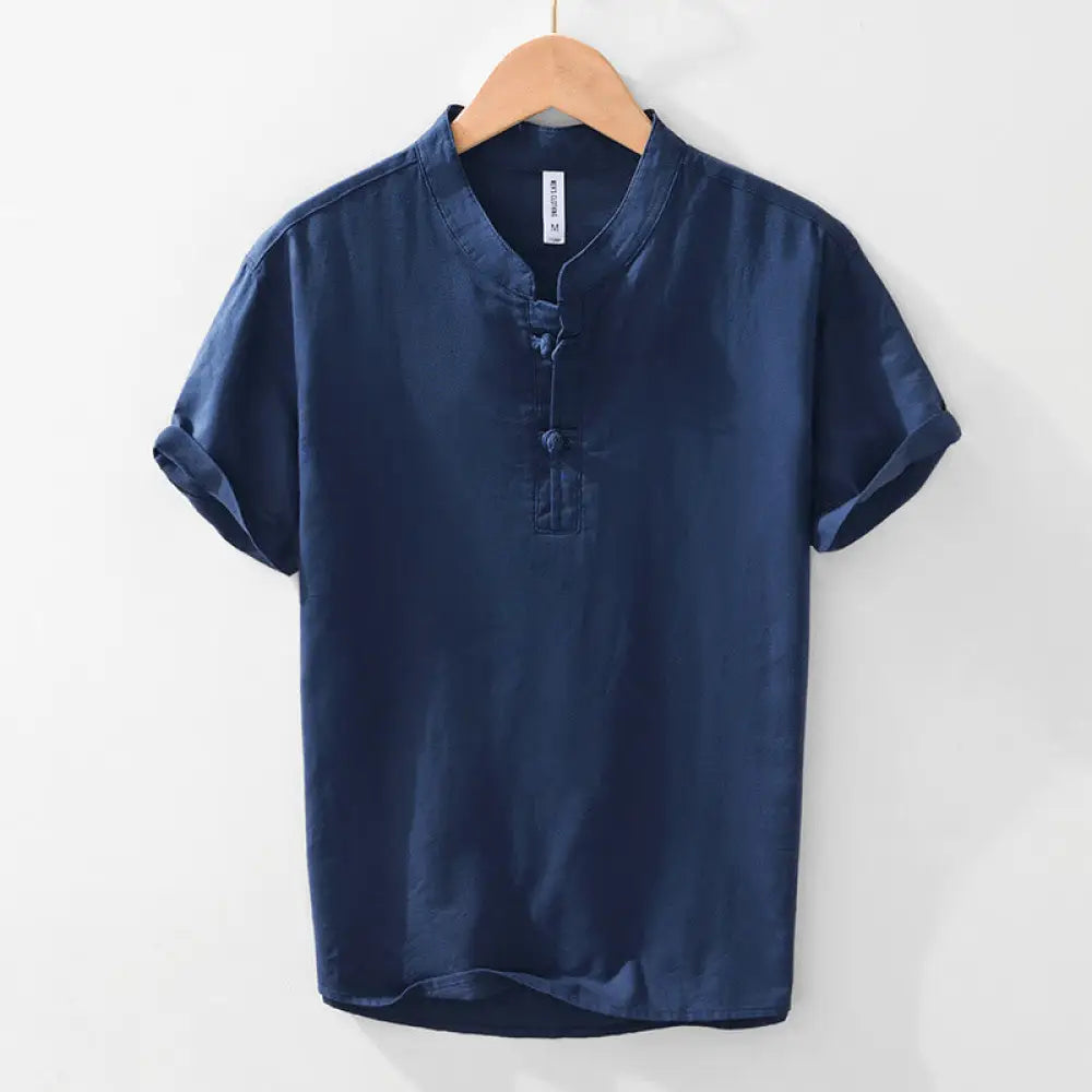 Buddha Stones Soft Plain Frog-button Crew Neck Cotton Linen Half Button Men’s Shirt - Navy / US/UK/AU36，EU46 (L)