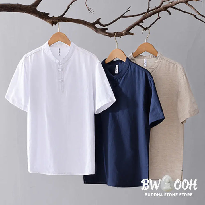 Buddha Stones Soft Plain Frog-button Crew Neck Cotton Linen Half Button Men’s Shirt - Men’s Shirts