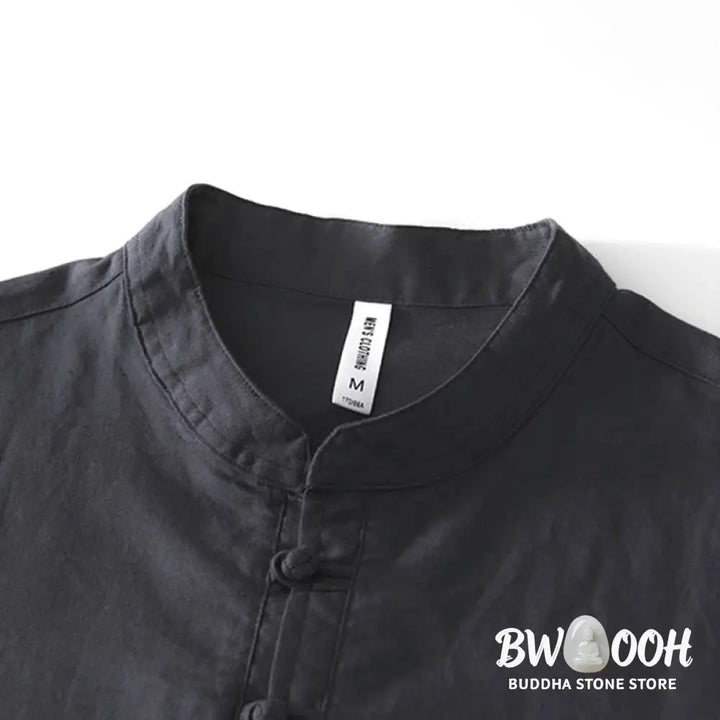 Buddha Stones Soft Plain Frog-button Crew Neck Cotton Linen Half Button Men’s Shirt - Men’s Shirts