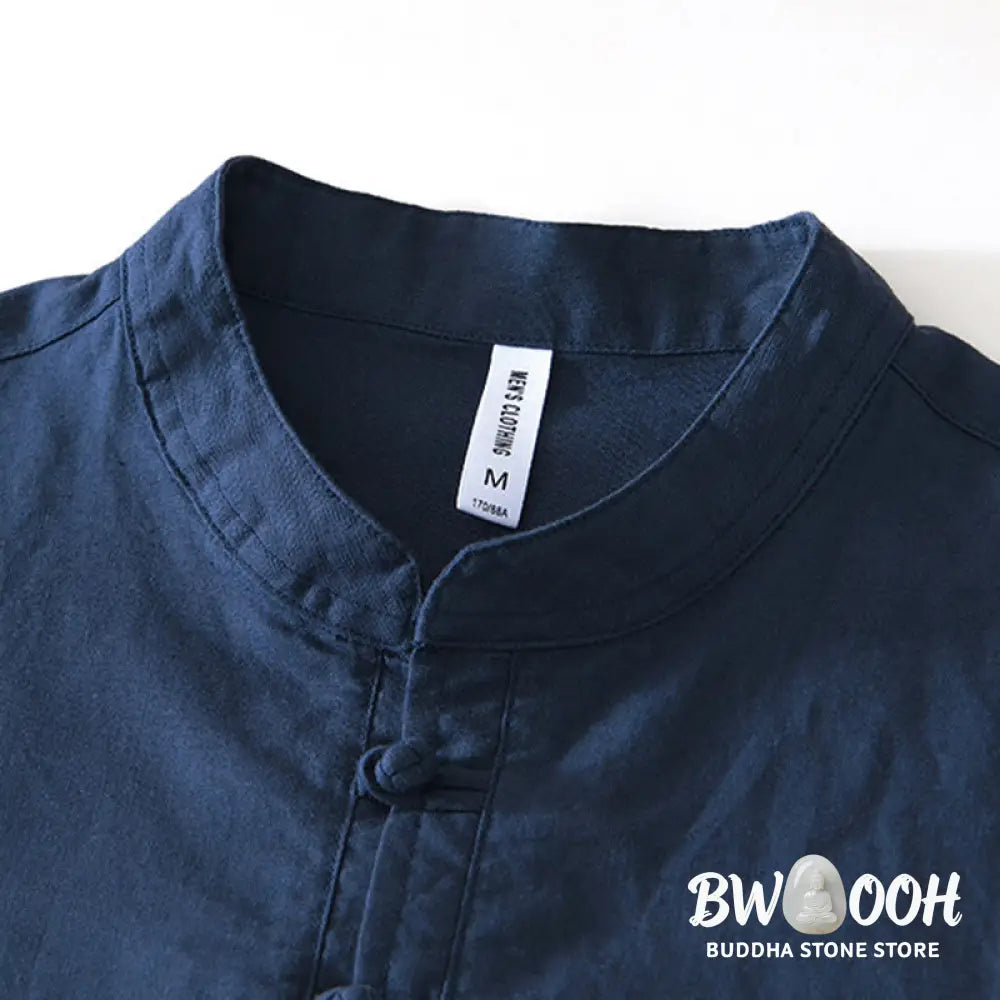 Buddha Stones Soft Plain Frog-button Crew Neck Cotton Linen Half Button Men’s Shirt - Men’s Shirts