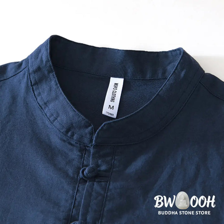 Buddha Stones Soft Plain Frog-button Crew Neck Cotton Linen Half Button Men’s Shirt - Men’s Shirts
