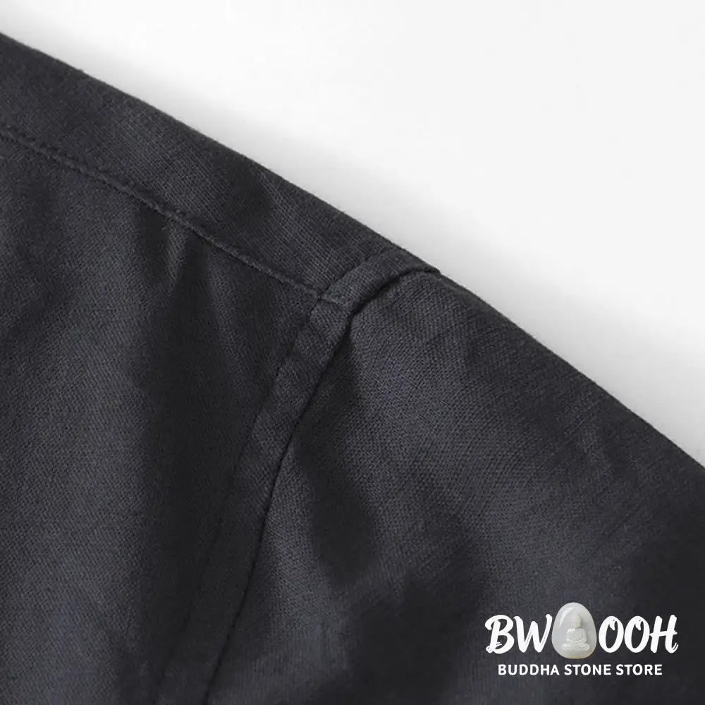 Buddha Stones Soft Plain Frog-button Crew Neck Cotton Linen Half Button Men’s Shirt - Men’s Shirts