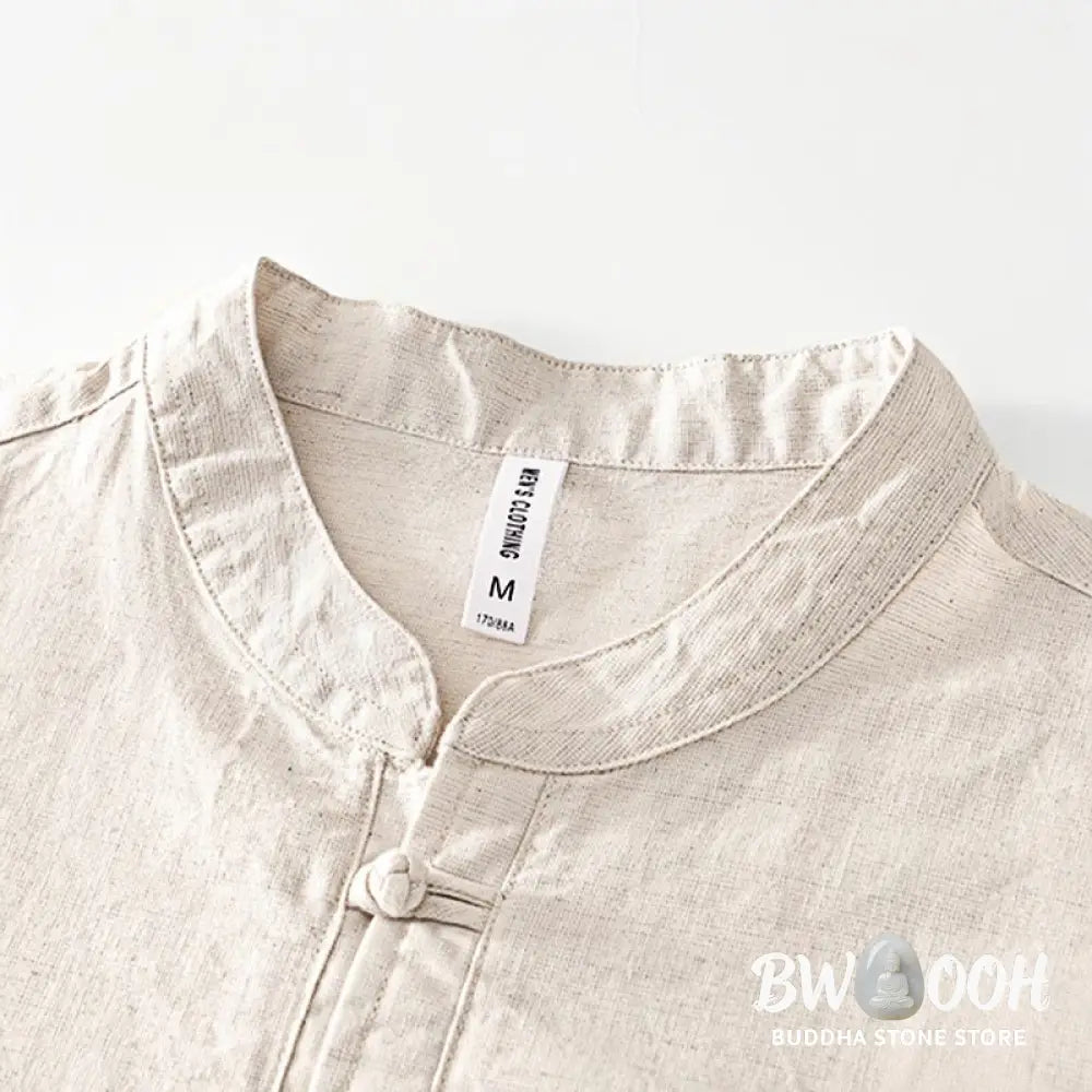 Buddha Stones Soft Plain Frog-button Crew Neck Cotton Linen Half Button Men’s Shirt - Men’s Shirts