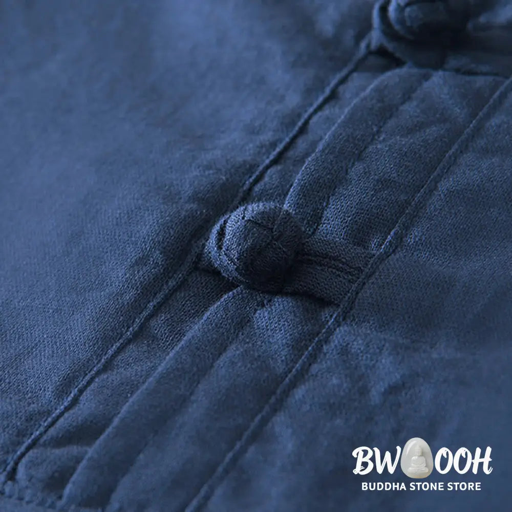 Buddha Stones Soft Plain Frog-button Crew Neck Cotton Linen Half Button Men’s Shirt - Men’s Shirts
