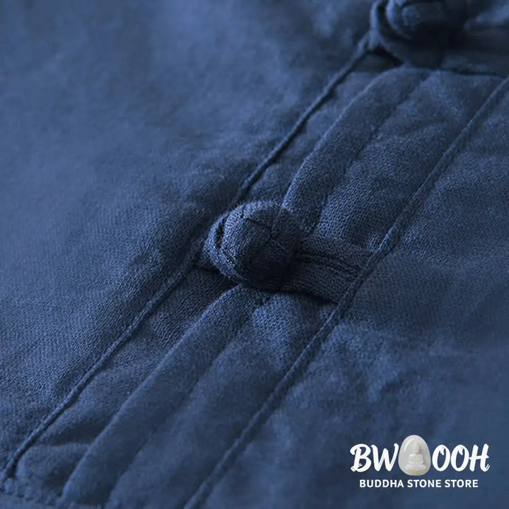 Buddha Stones Soft Plain Frog-button Crew Neck Cotton Linen Half Button Men’s Shirt - Men’s Shirts
