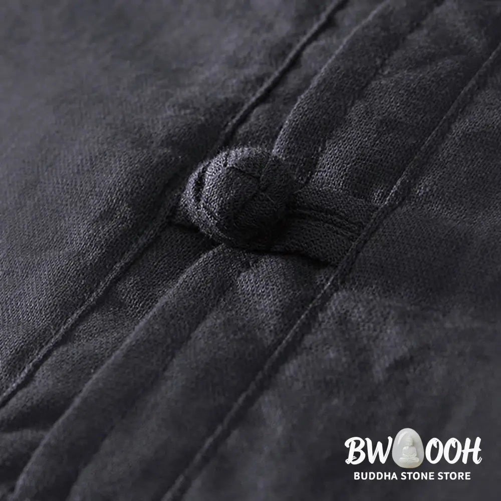 Buddha Stones Soft Plain Frog-button Crew Neck Cotton Linen Half Button Men’s Shirt - Men’s Shirts
