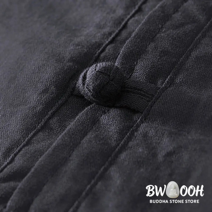 Buddha Stones Soft Plain Frog-button Crew Neck Cotton Linen Half Button Men’s Shirt - Men’s Shirts
