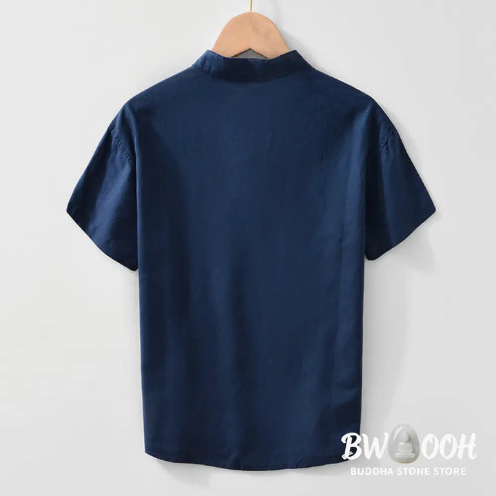 Buddha Stones Soft Plain Frog-button Crew Neck Cotton Linen Half Button Men’s Shirt - Men’s Shirts