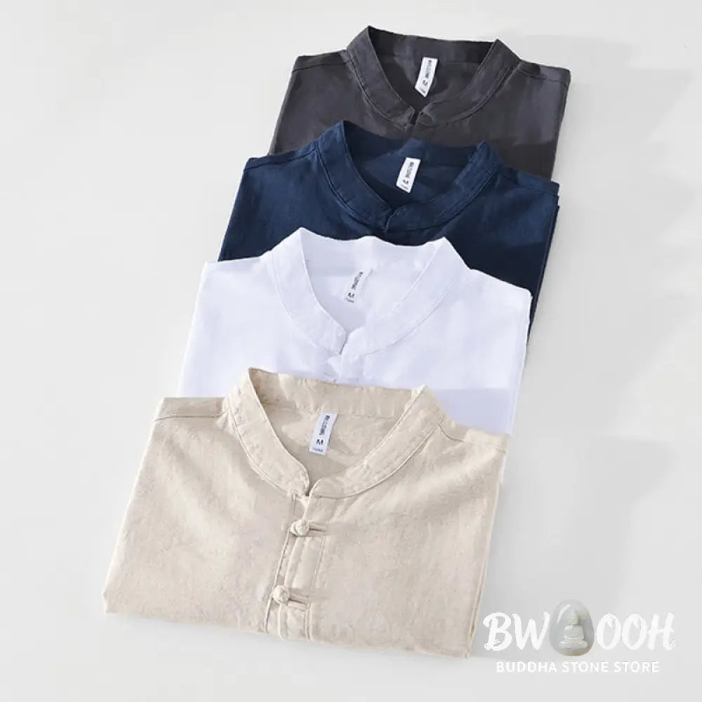 Buddha Stones Soft Plain Frog-button Crew Neck Cotton Linen Half Button Men’s Shirt - Men’s Shirts