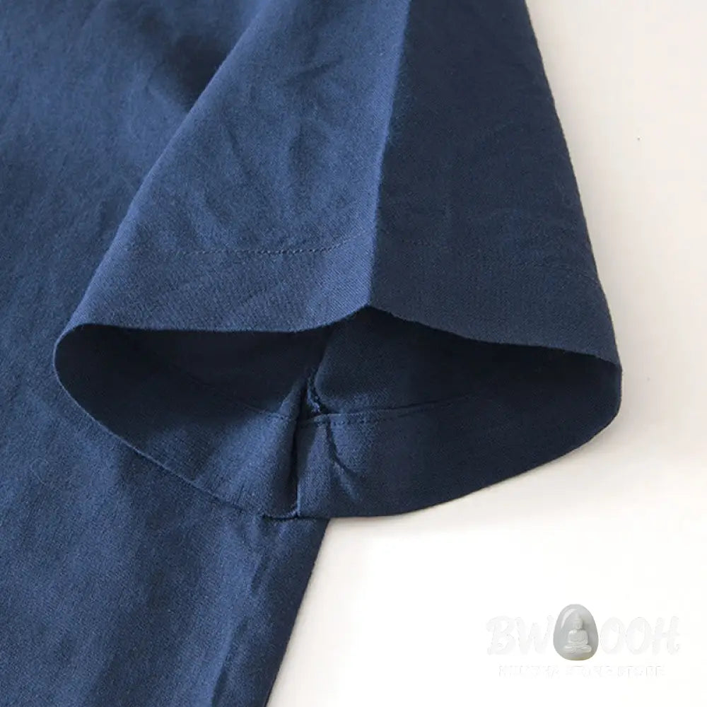 Buddha Stones Soft Plain Frog-button Crew Neck Cotton Linen Half Button Men’s Shirt - Men’s Shirts