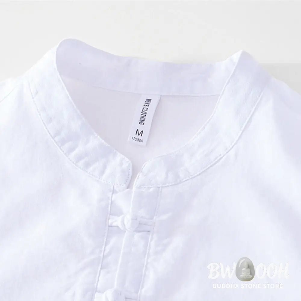 Buddha Stones Soft Plain Frog-button Crew Neck Cotton Linen Half Button Men’s Shirt - Men’s Shirts