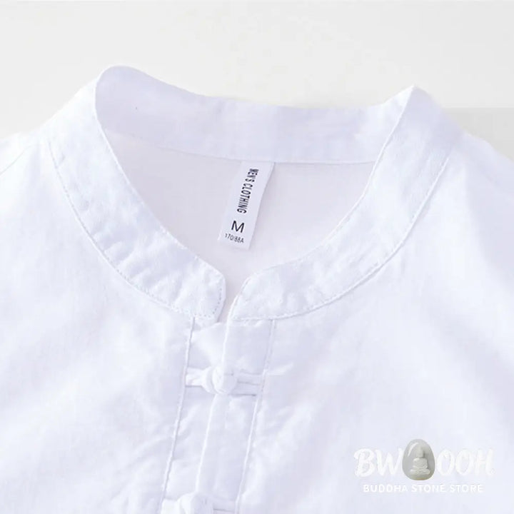 Buddha Stones Soft Plain Frog-button Crew Neck Cotton Linen Half Button Men’s Shirt - Men’s Shirts