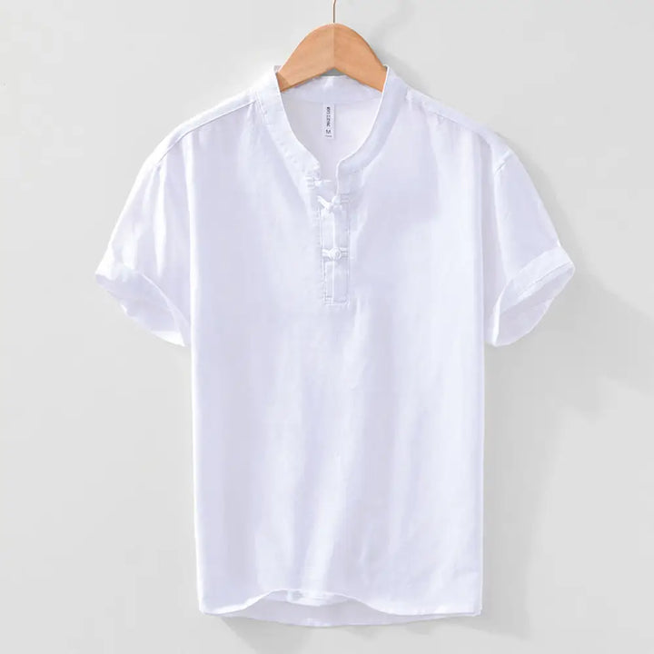 Buddha Stones Soft Plain Frog-button Crew Neck Cotton Linen Half Button Men’s Shirt - White / US/UK/AU36，EU46 (L)