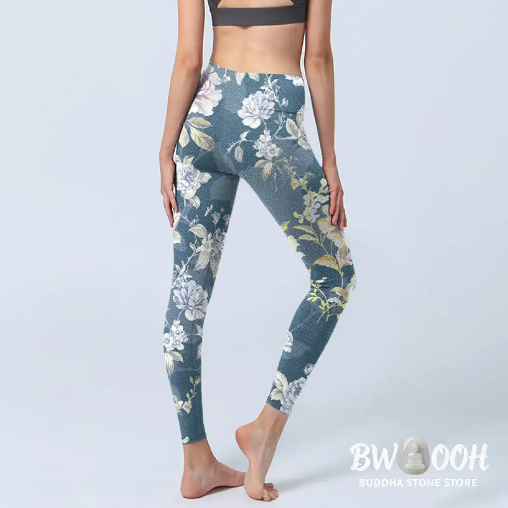 Buddha Stones Softly Colored Flower Leaf Pattern Print Gym Leggings Women&