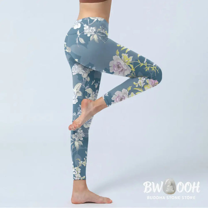 Buddha Stones Softly Colored Flower Leaf Pattern Print Gym Leggings Women&