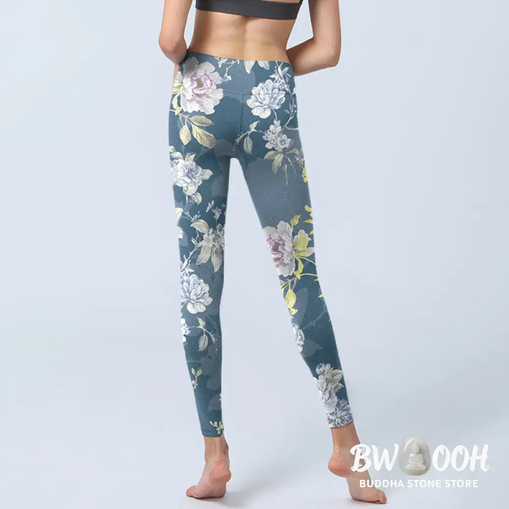 Buddha Stones Softly Colored Flower Leaf Pattern Print Gym Leggings Women&