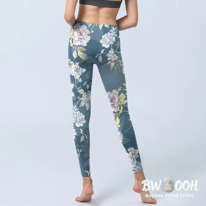 Buddha Stones Softly Colored Flower Leaf Pattern Print Gym Leggings Women&