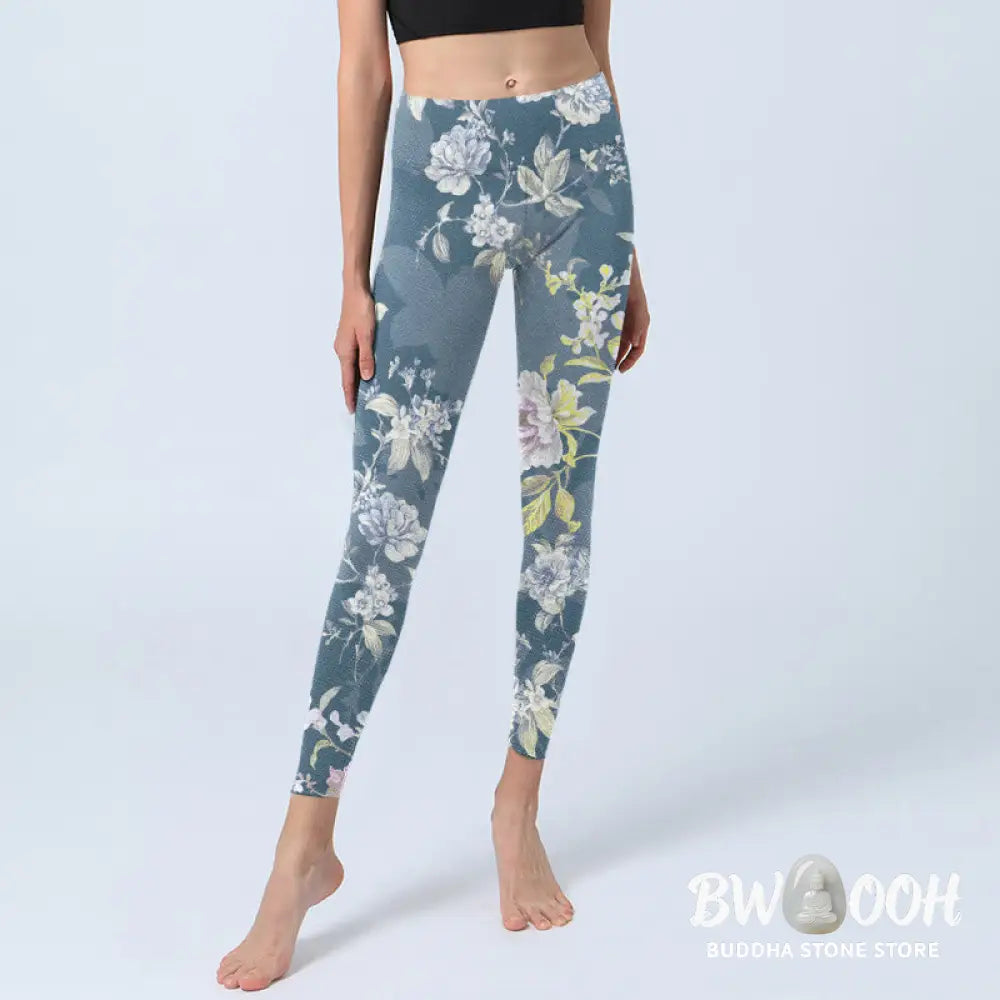 Buddha Stones Softly Colored Flower Leaf Pattern Print Gym Leggings Women&