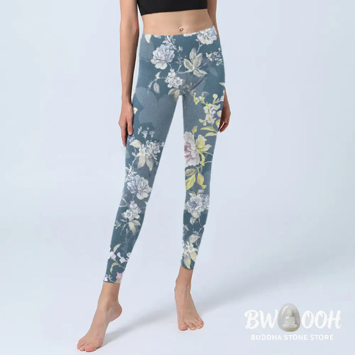 Buddha Stones Softly Colored Flower Leaf Pattern Print Gym Leggings Women&