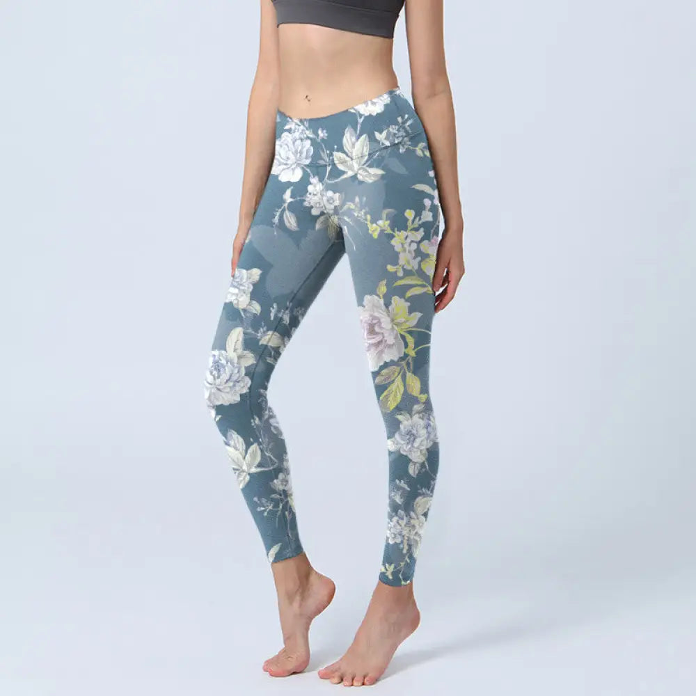 BWOOOH printed yoga leggings - Softly Colored Flower Leaf Pattern Print