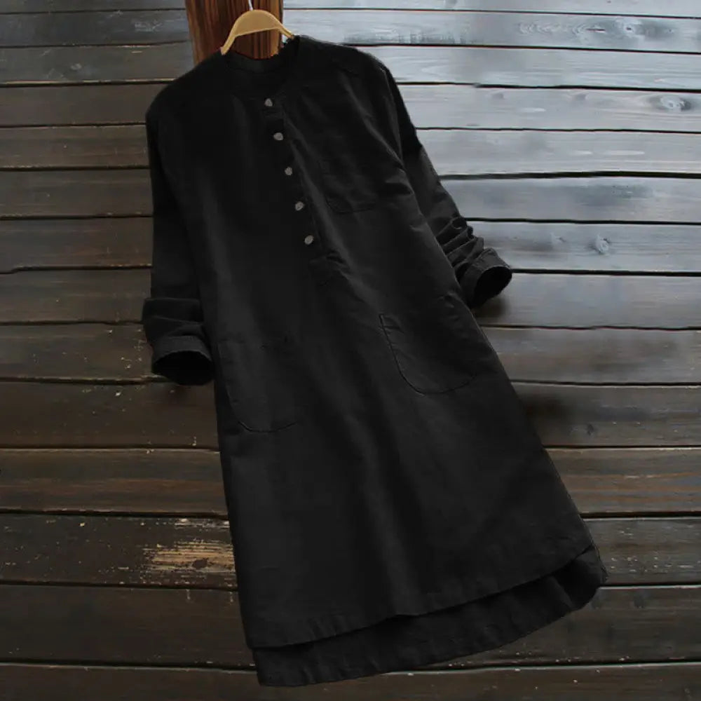 Buddha Stones Solid Buttons Long Sleeve Women&