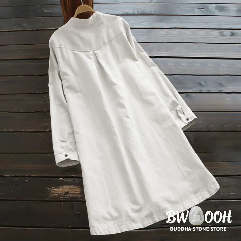 Buddha Stones Solid Buttons Long Sleeve Women&
