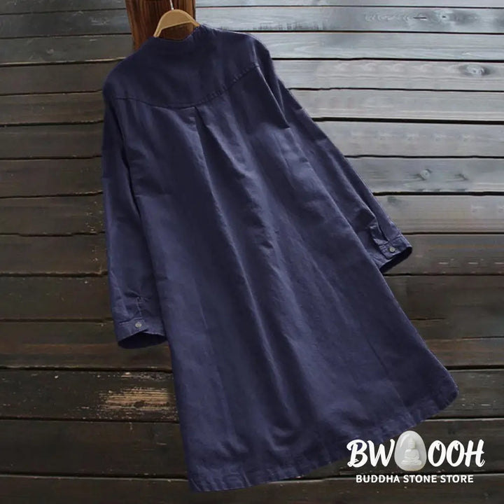 Buddha Stones Solid Buttons Long Sleeve Women&